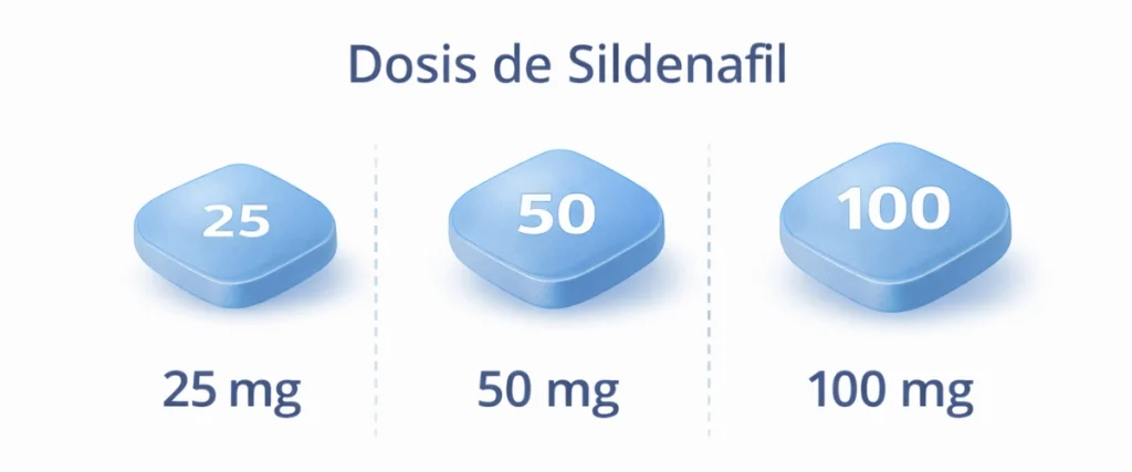 Dosis de Sildenafil: 25 mg, 50 mg y 100 mg