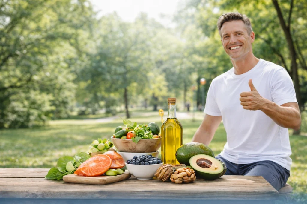 Hombre saludable con alimentos naturales que ayudan a mejorar la erección de forma natural
