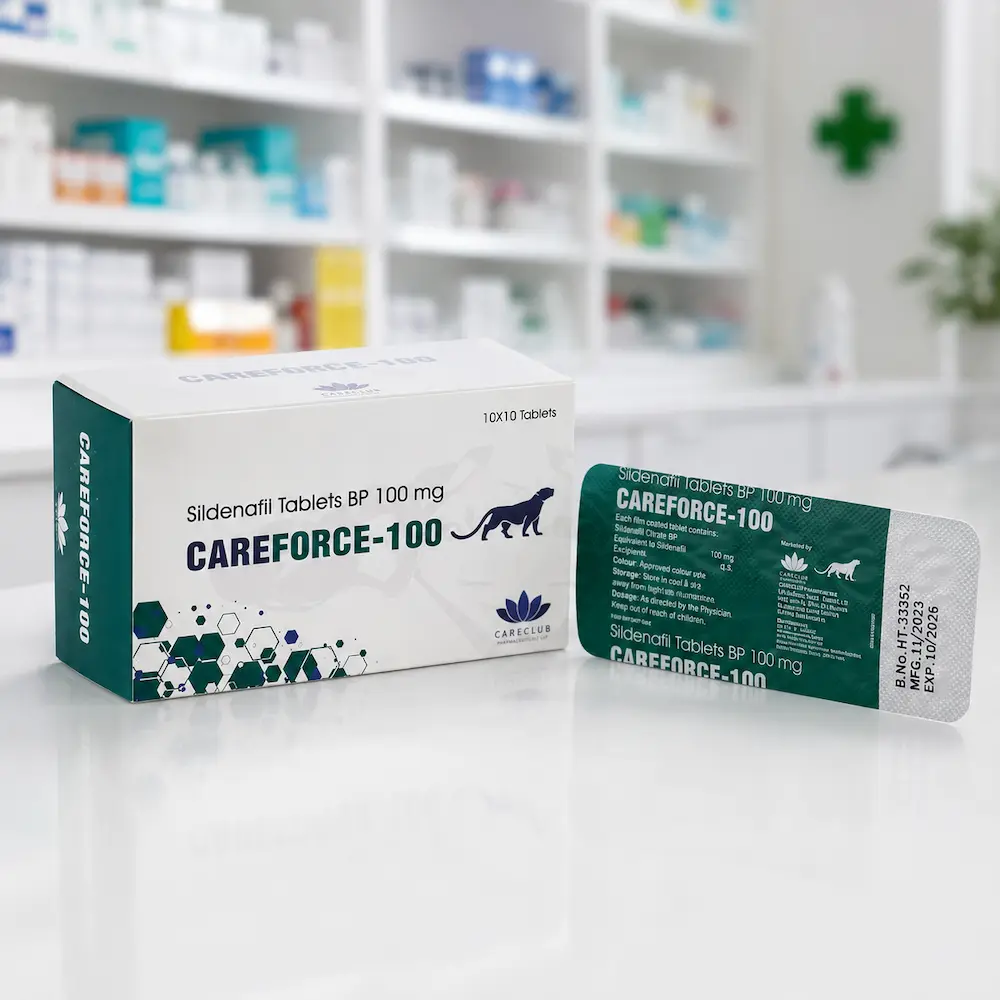 Careforce 100 mg con Sildenafil 100 mg en caja original y blister, disponible en farmacia Castaño con envío discreto en España