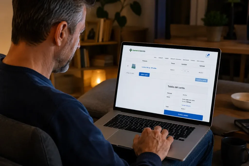 Hombre realizando una compra de Viagra online en España desde su ordenador portátil