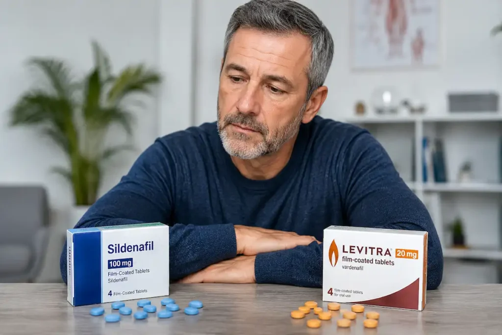 Levitra vs Sildenafil: hombre comparando tratamientos para la disfunción eréctil